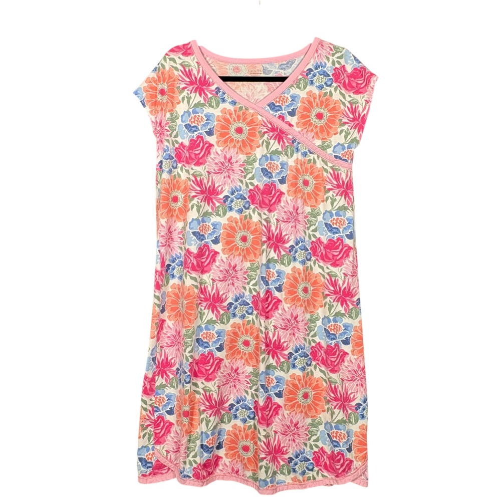 Garnet Hill Floral Cotton Nightgown Organic Cotton Pink Short Sleeve Large